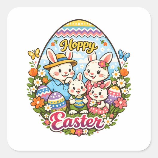 Hoppy Easter Colorful Cartoon Bunny Family Graphic スクエアシール (正面)