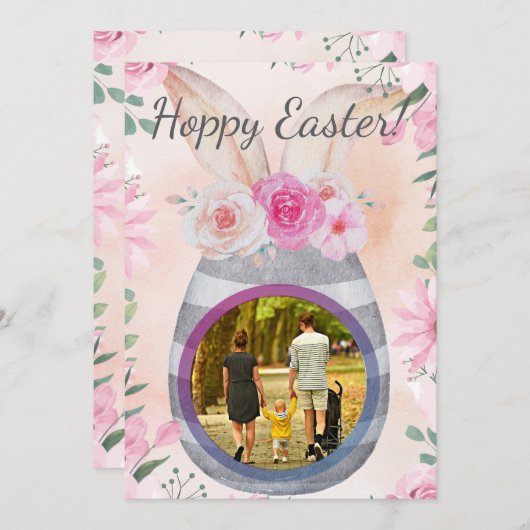 Hoppy Easter photo in grey egg 招待状 (正面/裏面)
