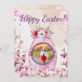 Hoppy Easter pink egg photo 招待状 (正面/裏面)