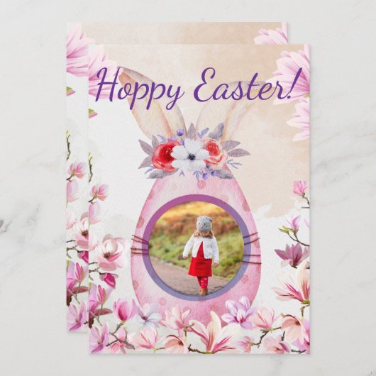 Hoppy Easter pink egg photo 招待状 (正面/裏面)