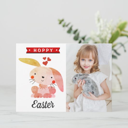 "Hoppy Easter" Whimsy Bunny Happy Easter Photo カード (スタンド正面)