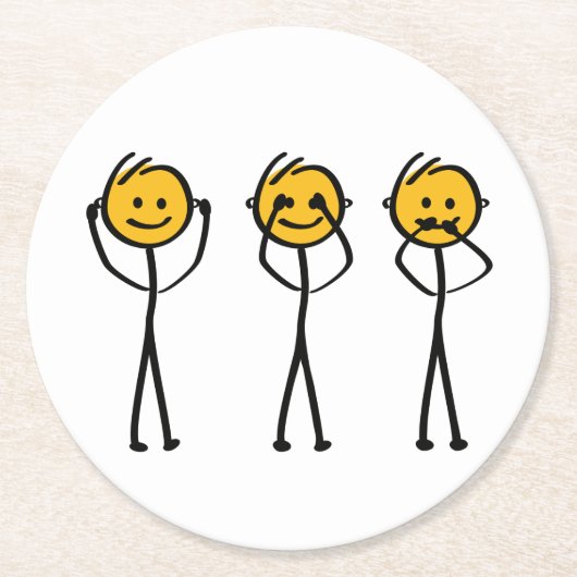 Horen, zien en zwijgen tekening. Drie aapjes ラウンドペーパーコースター (正面)