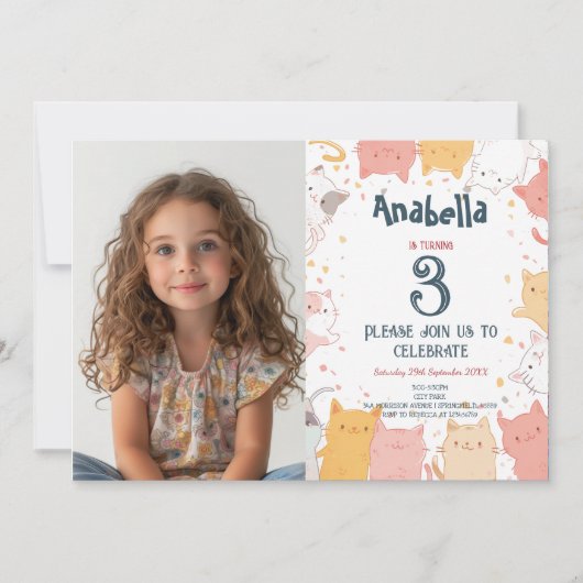 Horizontal I Catsフォトカスタム誕生日 招待状 (正面)