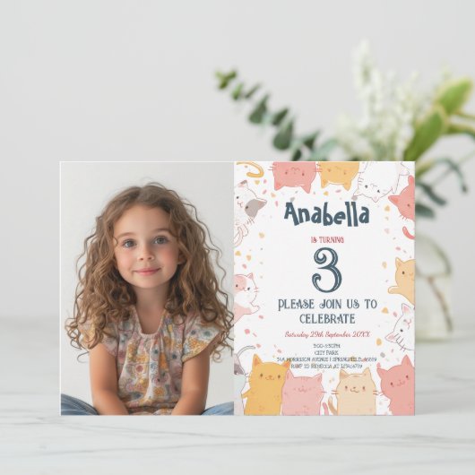 Horizontal I Catsフォトカスタム誕生日 招待状 (スタンド正面)