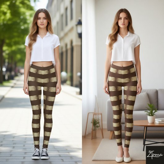 Horizontal Stripe Brown Champagne Metallic Glossy レギンス