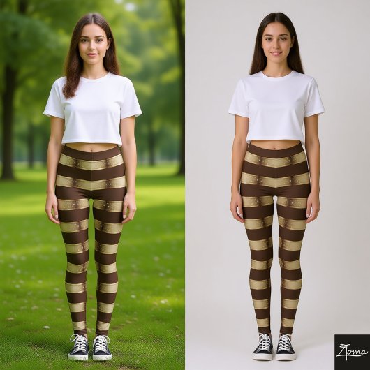 Horizontal Stripe Brown Champagne Metallic Glossy レギンス