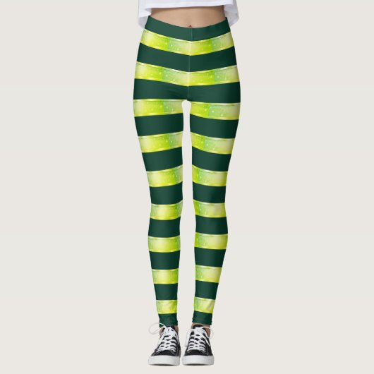 Horizontal Stripe Yellow Green Glossy Pattern レギンス (正面)