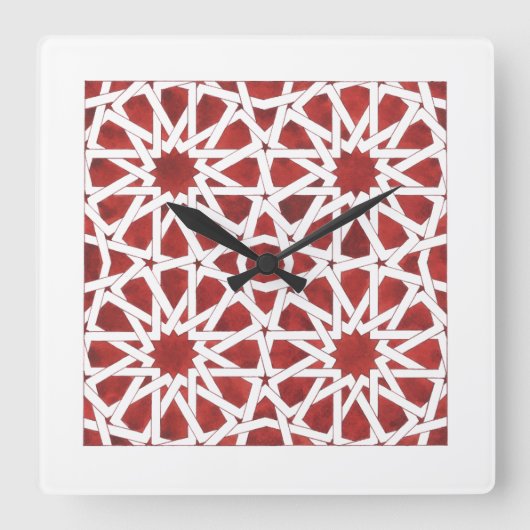 Horloge Mosaïque marocaine rouge ROSETTE スクエア壁時計 (正面)