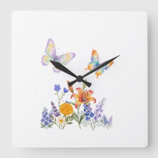 Horloge Murale Fleurs & Papillons – Décoration Élé スクエア壁時計