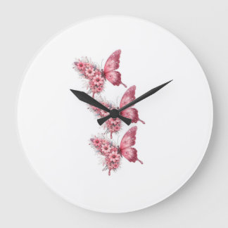 Horloge Murale Papillons Roses & Fleurs – Design F ラージ壁時計