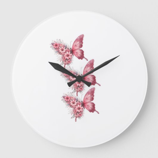 Horloge Murale Papillons Roses & Fleurs – Design F ラージ壁時計 (正面)