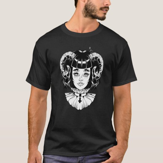 Horned Devil Satanic Halloween Glitch Goth Emo Pun Tシャツ (正面)