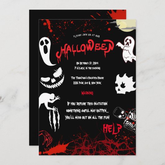 Horror Blood & Bats Halloween Party  招待状 (正面/裏面)