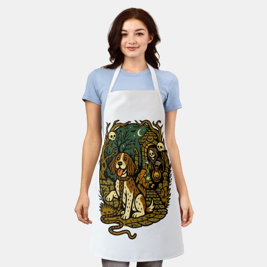 Horror Spooky Skeleton Dog Aesthetic エプロン (着用した状態)