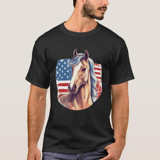 Horse American Flag 4th of July Patriotic Horsebac Tシャツ (正面)