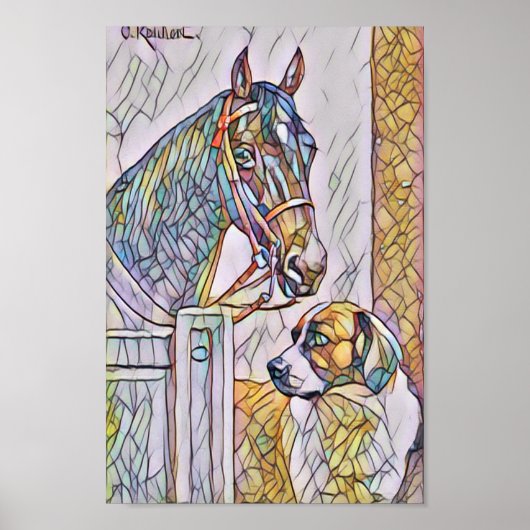 Horse and dog classic painting/ stain glass look ポスター (正面)