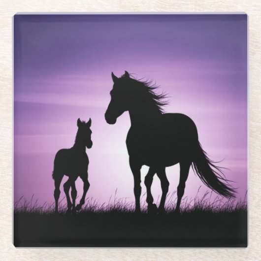 Horse and Foal Silhouette ガラスコースター (正面)