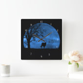 Horse and Full Moon Blue Beautiful スクエア壁時計 (ホーム)
