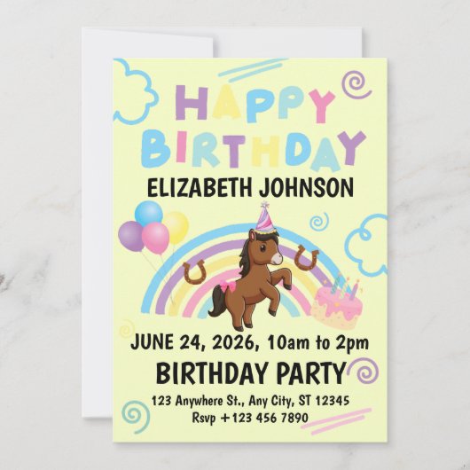 Horse Birthday Invitation in Yellow 招待状 (正面)
