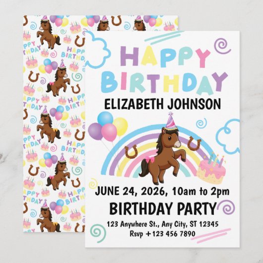 Horse Birthday Invitation White 招待状 (正面/裏面)