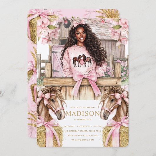 Horse Birthday Invitation with Black Girl 招待状 (正面/裏面)