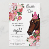 Horse Birthday Theme Pink Floral Girl Cowgirl 招待状 (正面)