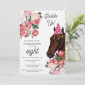 Horse Birthday Theme Pink Floral Girl Cowgirl 招待状 (スタンド正面)