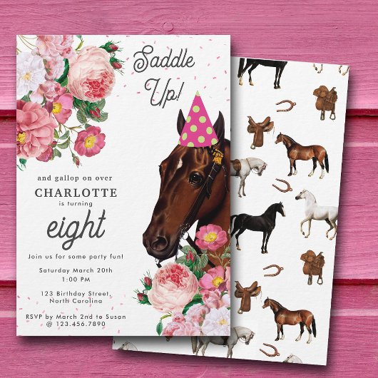 Horse Birthday Theme Pink Floral Girl Cowgirl 招待状