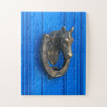 Horse Brass on Blue | Vintage Door Knocker Art