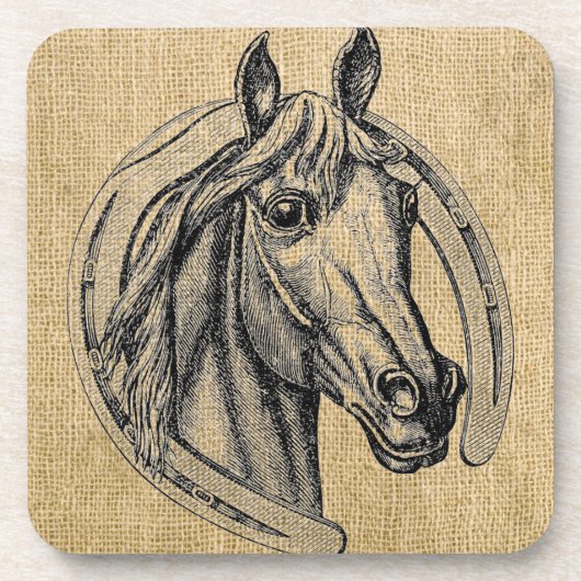 Horse Cameo on Burlap コースター (正面)