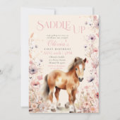Horse Cowgirl Equestrian Wildflowers ピンクの誕生日 招待状 (正面)