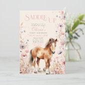 Horse Cowgirl Equestrian Wildflowers ピンクの誕生日 招待状 (スタンド正面)