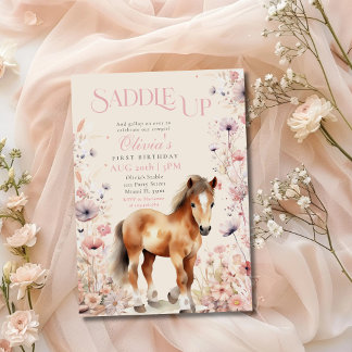 Horse Cowgirl Equestrian Wildflowers ピンクの誕生日 招待状