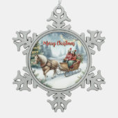 Horse Drawn Sleigh Ride Holiday Scene スノーフレークピューターオーナメント (正面)