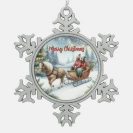 Horse Drawn Sleigh Ride Holiday Scene  スノーフレークピューターオーナメント