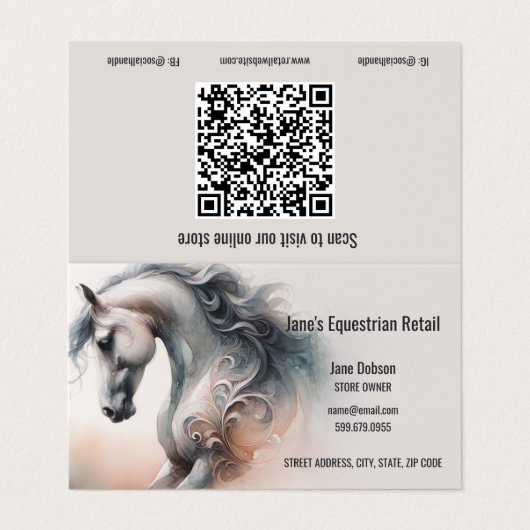 Horse Equestrian QR Code Folded Business Cards 名刺 (外部フラット)