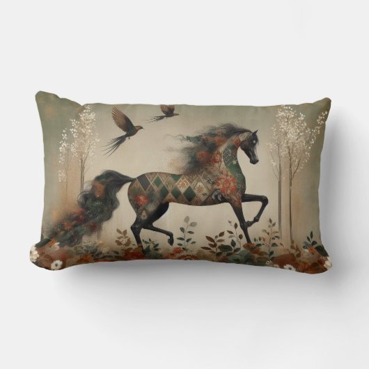 Horse Floral Harlequin Decor Cushion ランバークッション (正面)