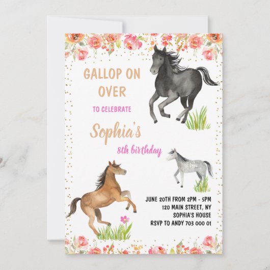 Horse Gallop on Over Girl Birthdayパーティー 招待状 (正面)
