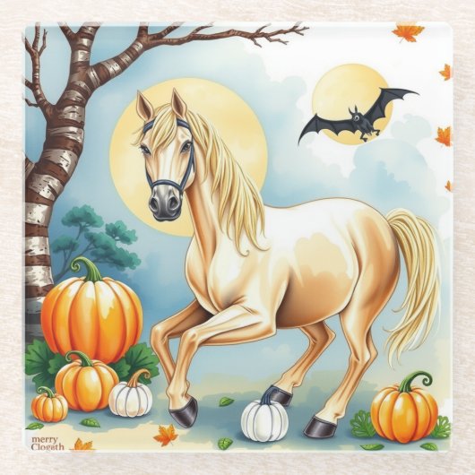 Horse Halloween With Pumpkin ガラスコースター (正面)