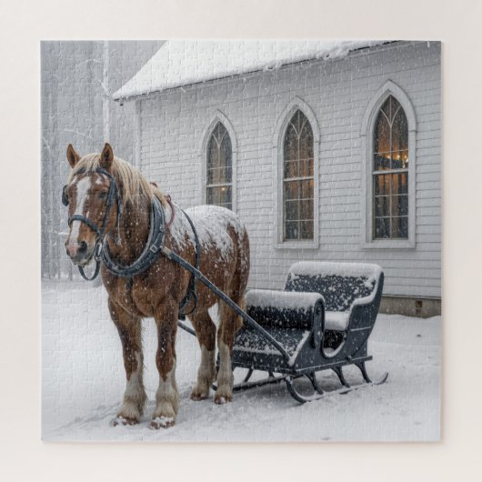 Horse Harnessed to a Sleigh By a Church ジグソーパズル (縦)