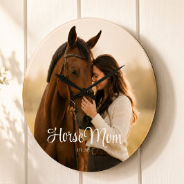 Horse Momの記念モダン ホワイトスクリプト写真 ラージ壁時計