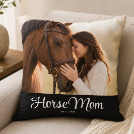 Horse Mom 記念日 モダンスクリプト写真 クッション