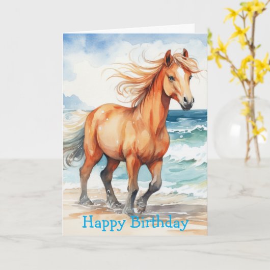 Horse on Beach Birthday カード (黄色い花)