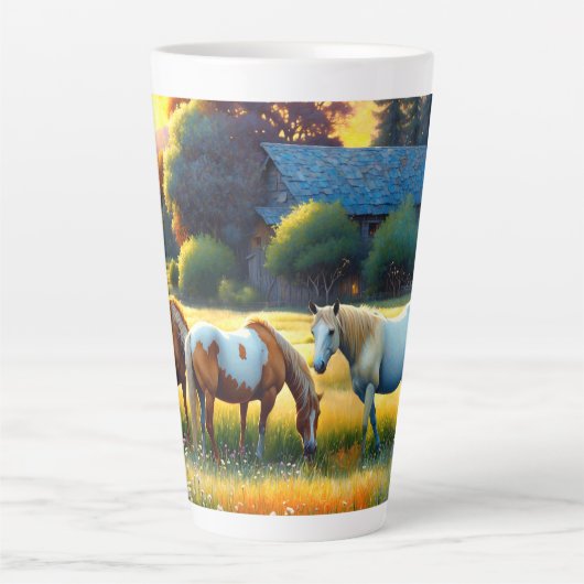 Horse on Farm Wildflower Meadow カフェラテマグ (正面)