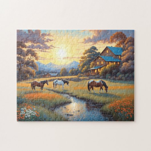 Horse on Farm Wildflower Meadow ジグソーパズル (横)