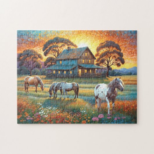 Horse on Farm Wildflower Meadow ジグソーパズル (横)