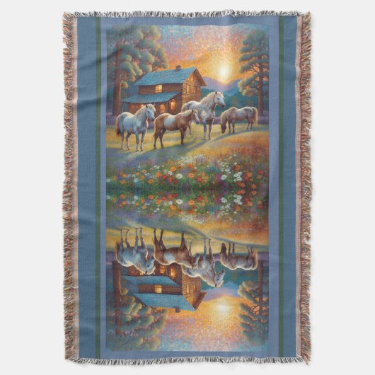 Horse on Farm Wildflower Meadow スローブランケット (正面縦)