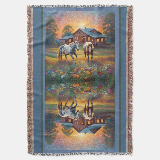 Horse on Farm Wildflower Meadow スローブランケット (正面縦)