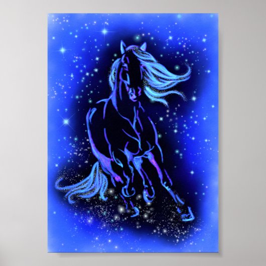 Horse Poster Running Blue Starry Night Poster ポスター (正面)