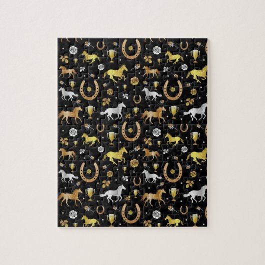 Horse Racing Horseshoes Derby Pattern Black Gold ジグソーパズル (縦)